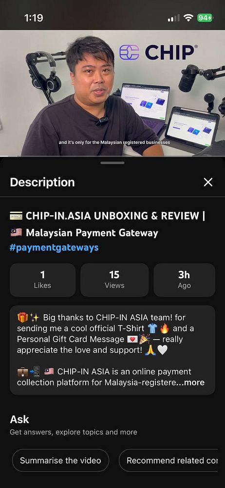A man is presenting a video about the CHIP payment gateway, with a focus on Malaysian businesses.