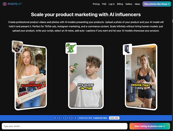 The image showcases a promotional landing page for a product marketing service using AI influencers.