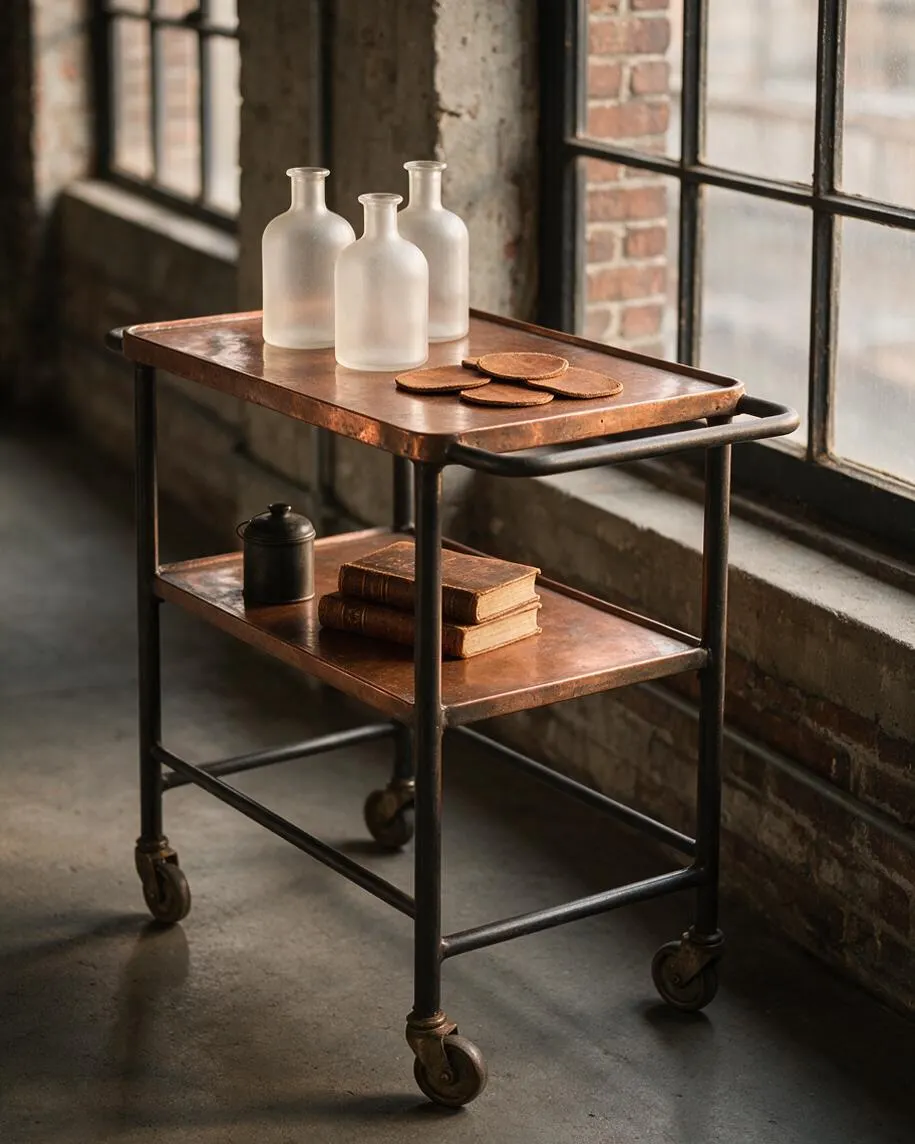 A narrow industrial bar cart with a dark metal frame, warm copper-toned shelves, and four caster wheels sits beside large black-framed windows. Frosted glass bottles, leather coasters, stacked books, and a small black container are arranged on the shelves.