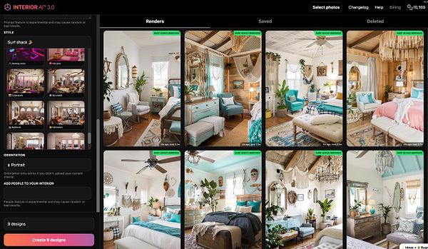 A user interface displaying various interior design renderings in a 'Surf Shack' style.