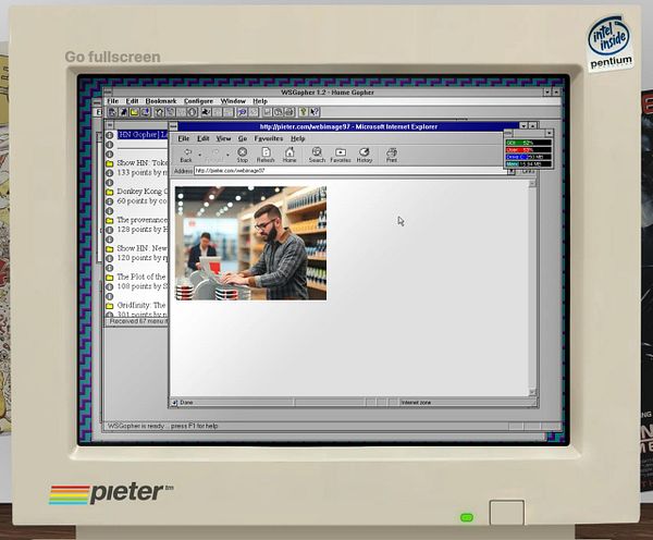 A vintage computer screen displays a web browser interface showing an image of a man at a café.