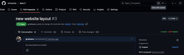 A GitHub pull request interface displaying a merge request for a new website layout.