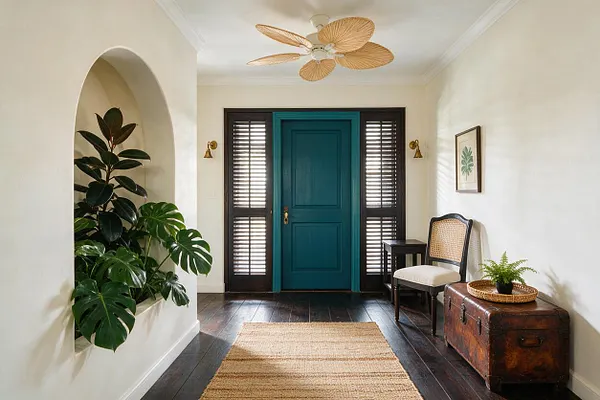 A tropical-style entryway with a teal front door centered between dark wood shutters, cream walls, and a dark hardwood floor. A built-in arched niche on the left holds lush green plants, while a cane-back chair, vintage trunk, woven rug, and palm-leaf ceiling fan add natural texture.