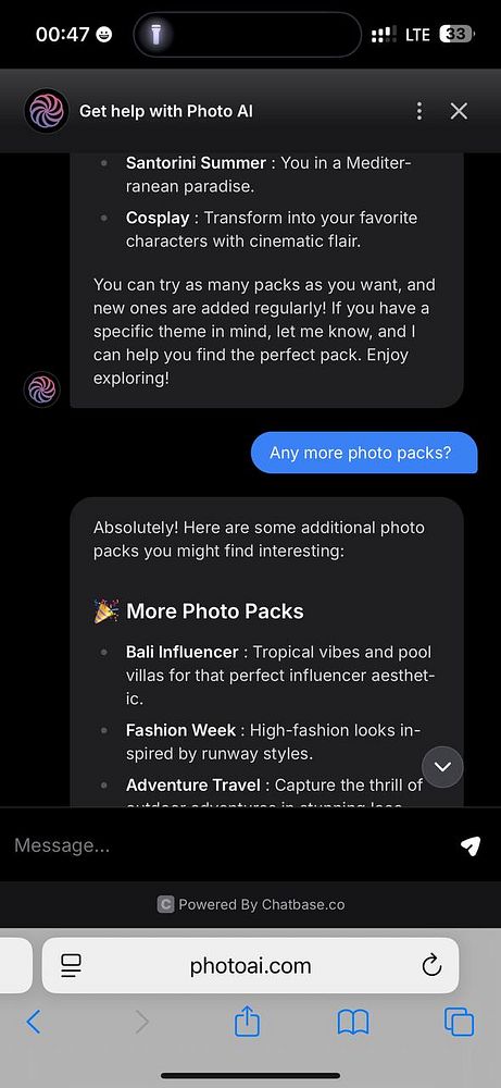 The image displays a chat interface featuring a conversation about various photo packs available through a chatbot.
