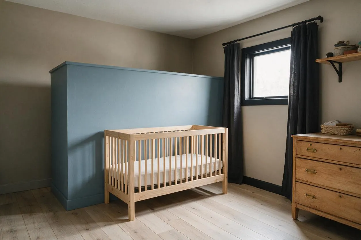 A farmhouse-style nursery with a light wood crib centered in front of a large blue built-in cabinet or partition, dark charcoal curtains framing a small window, and a rustic wood dresser on the right. The room has beige walls, pale wood plank flooring, and simple open shelving with woven storage baskets.