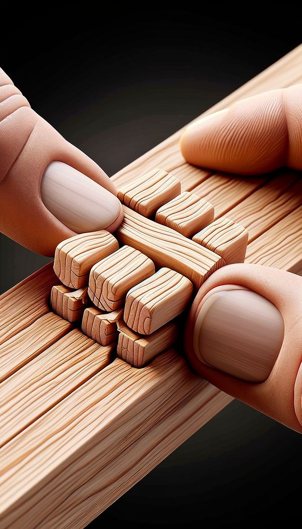 Close up of a wooden finger joint connecting two pieces of wood, showing the interlocking fingers and glue.