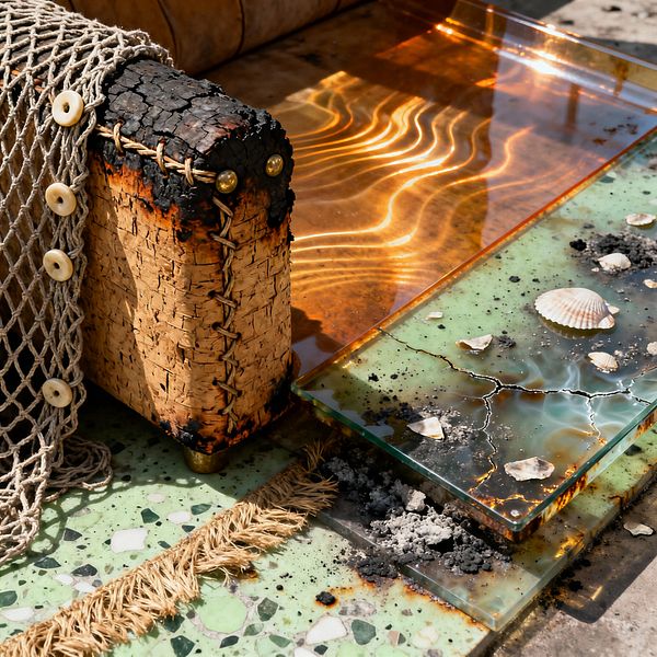Close-up of a living room vignette in post-apocalyptic style: a charred cork ottoman corner hand-stitched with cord and brass studs sits beside layered resin and glass tabletops, one amber and one sea-green with shells and crackle effects, scattered ash, and rust stains. A netted throw with large buttons drapes the seat above a green terrazzo floor with a jute-edged rug, lit by strong, warm sunlight.
