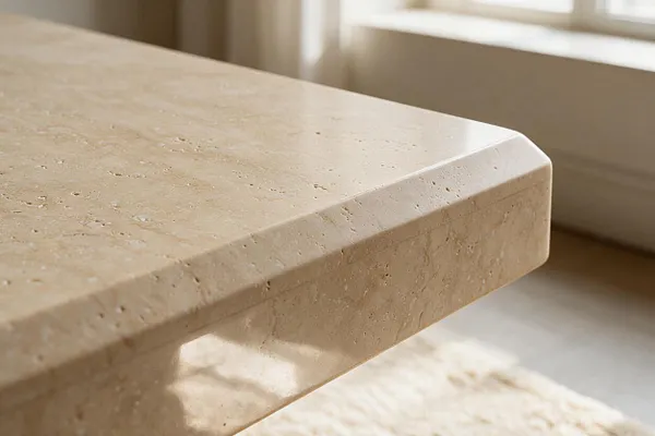 A close-up of a modern coffee table made from beige travertine stone with a thick rectangular top and a softly beveled edge. The porous stone texture and warm neutral tones are highlighted by sunlight near a bright window.