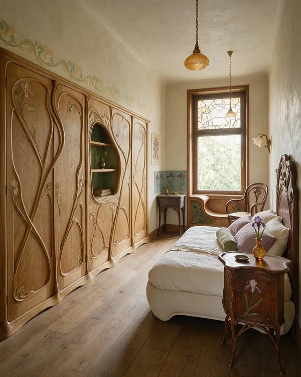 A narrow guest bedroom in Art Nouveau style features a carved oak wardrobe wall with flowing floral motifs, a sculpted wood bed, and matching bedside tables. Soft cream walls, wood floors, and stained-glass details around the window create a warm, elegant atmosphere.
