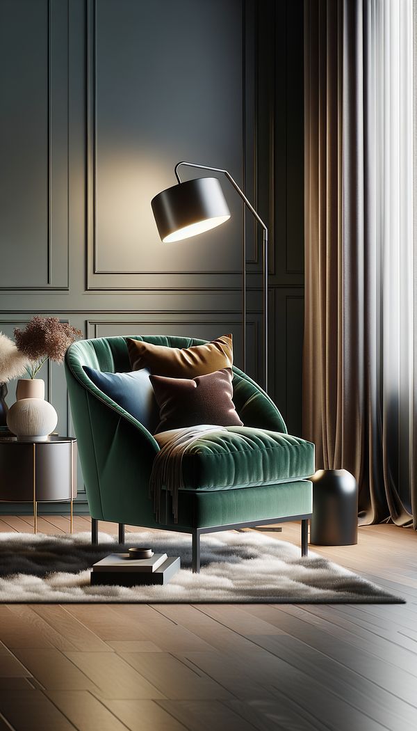 A slipper chair with plush velvet upholstery in a rich emerald green, placed in a corner of a modern living room beside a floor lamp, with decorative pillows in contrasting colors adding a touch of charm.