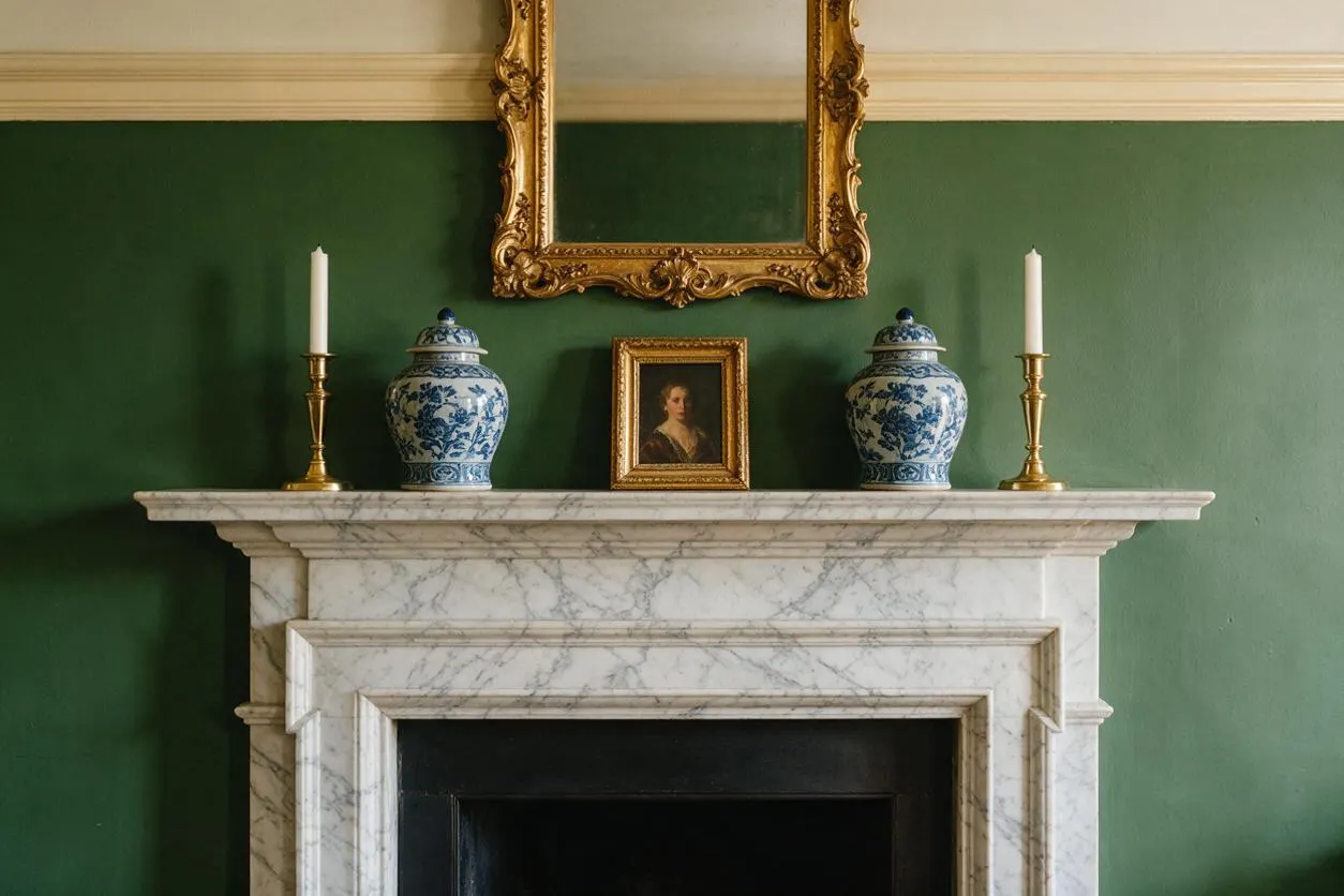A traditional room vignette centered on a white marble fireplace mantel against deep green walls. The mantel is styled with a gilded mirror above, a small framed portrait in the middle, two blue-and-white porcelain jars, and brass candlesticks on either side.