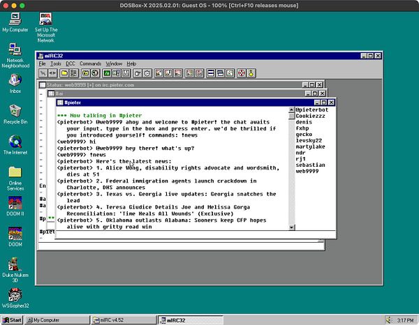 The image displays a chat interface of mIRC running on a Windows 95 environment.