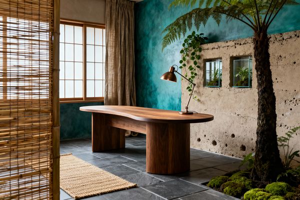 A biophilic home office featuring a sculpted walnut desk centered on charcoal slate flooring, lit by a copper task lamp. A teal limewashed wall and rough beige plaster wall with inset plant niches set a natural backdrop, while a large tree fern, trailing vine, and moss bed bring greenery indoors; a bamboo screen, shoji-style window, linen curtains, and a jute runner add texture and soft light.