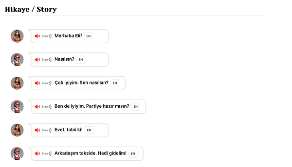 The image displays a chat interface featuring a conversation in Turkish between two characters.