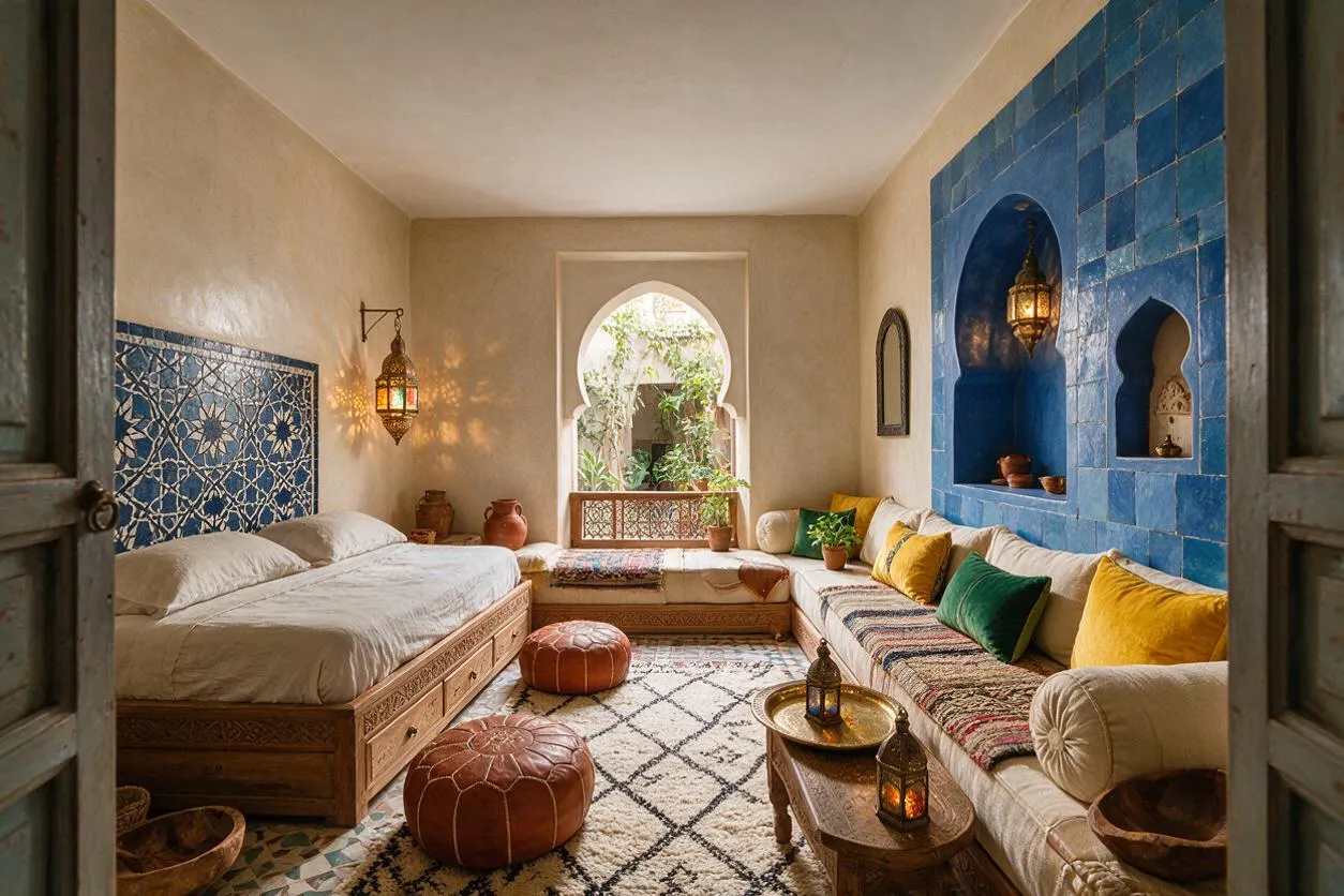 A Moroccan-style guest bedroom with a carved wooden bed on the left, a long cushioned seating area on the right, and a central window seat beneath an arched window. Blue tiled wall niches, patterned textiles, lanterns, poufs, and warm beige plaster create a cozy, layered atmosphere.