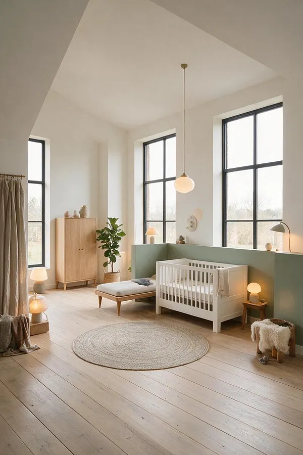 A serene Scandinavian nursery with tall black-framed windows, white walls, and pale wood floors. The room includes a white crib, a sage green half wall, a round woven rug, a light wood cabinet, and warm ambient lamps for a calm, natural atmosphere.