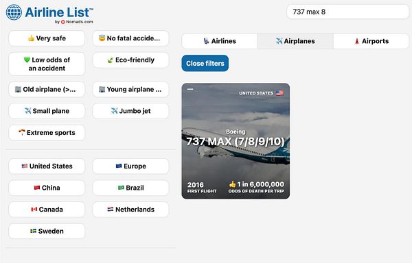 Screenshot of a web interface displaying an improved airline search with a list of airline options and filters on the left.