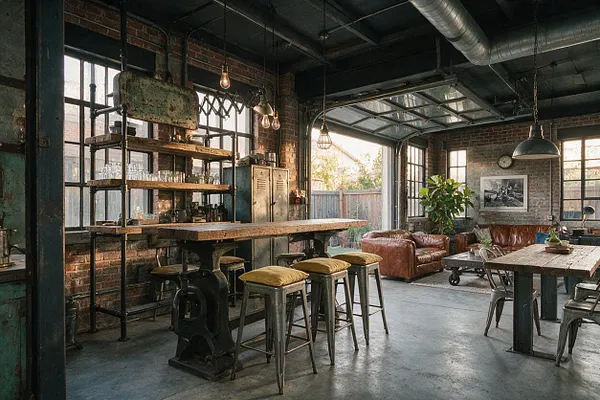 A backyard styled like an industrial loft features exposed brick walls, black steel framing, and a polished concrete floor. A weathered wood bar with metal shelving and tall stools sits beside leather seating, large windows, and hanging pendant lights.