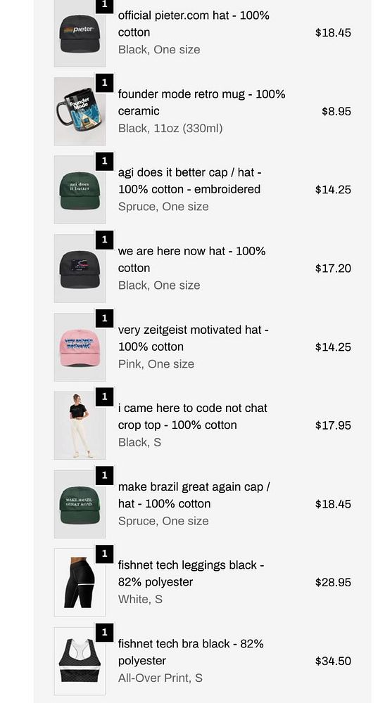 The image displays a list of merchandise items available for order, including hats, mugs, and clothing.