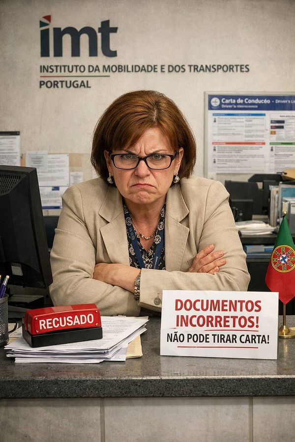 A frustrated government employee at the IMT office in Lisbon is seen behind a counter with a sign indicating document issues.