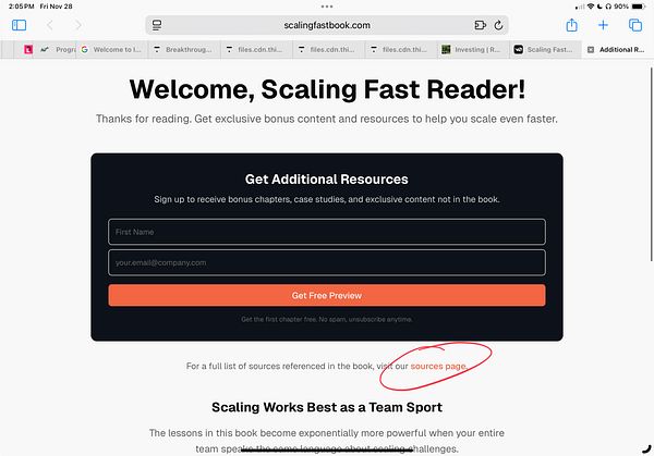 The image displays a webpage welcoming users to access additional resources related to the book 'Scaling Fast'.