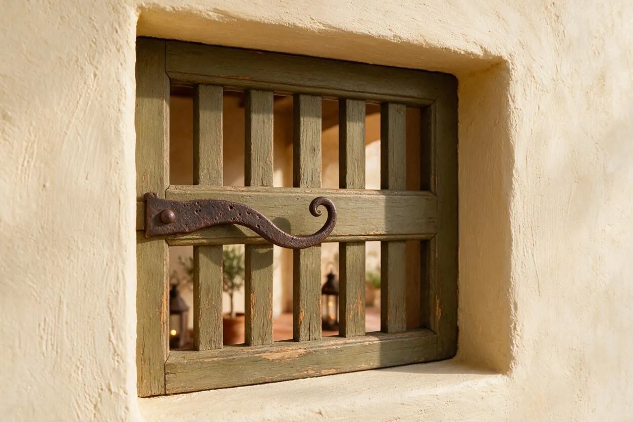 A small recessed window set in a textured cream stucco wall features an olive-green wooden grille with vertical slats and a wrought iron latch shaped in a curling scroll. Warm light glows from the interior, with a few blurred decorative objects visible behind the bars.