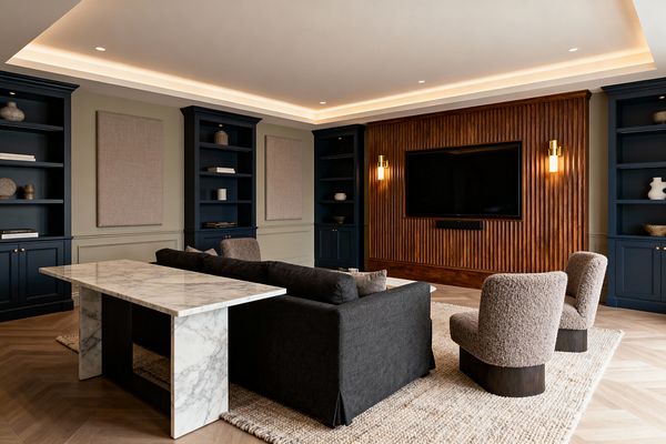 A transitional media room features a fluted walnut TV wall with brass sconces and a large wall-mounted screen. Deep navy built-in bookcases line sage-gray paneled walls with fabric-wrapped rectangles, while a charcoal sofa and two taupe bouclé chairs rest on a chunky neutral rug over light oak chevron flooring; a white marble console stands behind the sofa and warm LED cove lighting with recessed spots softens the ceiling.