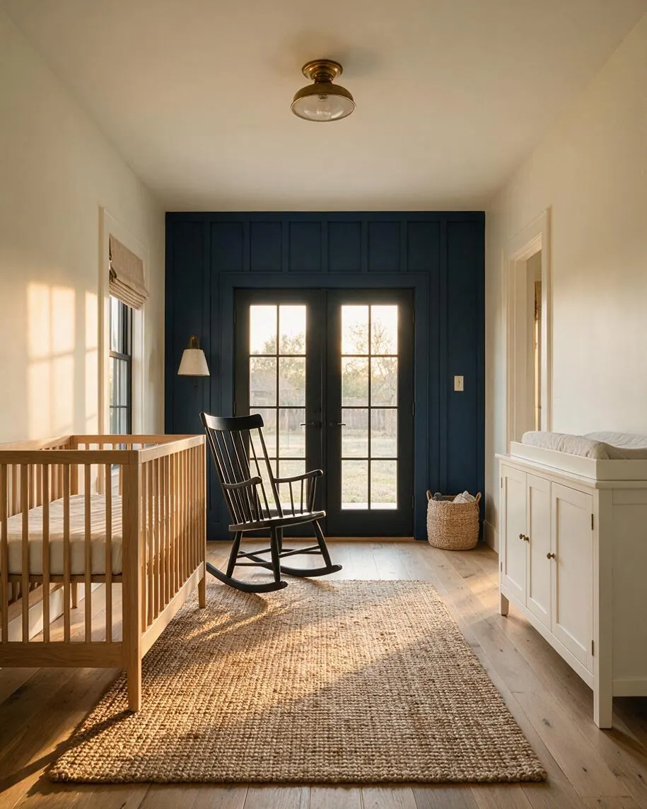 A farmhouse nursery with a natural wood crib on the left, a black rocking chair near glass French doors, and a white changing cabinet on the right. A navy paneled accent wall frames the doors, while warm sunlight falls across a woven jute rug and pale wood floor.