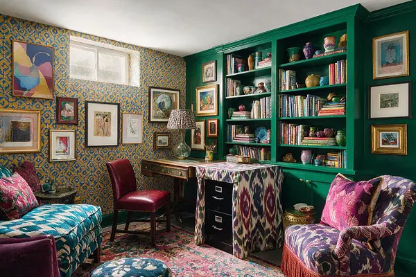A colorful maximalist basement lounge combines jewel-toned built-in bookshelves, patterned wallpaper, and a mix of upholstered seating. The room features framed artwork, a small writing desk, layered rugs, and varied textiles in green, pink, teal, gold, and burgundy.