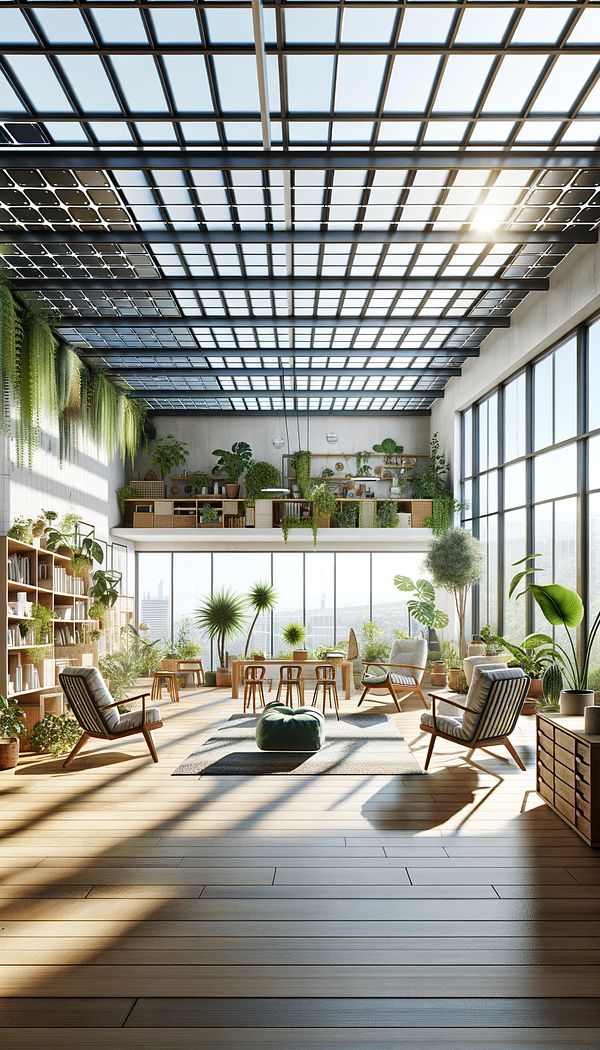 An interior space that incorporates sustainable design elements such as natural light, green plants, recycled materials furniture, and solar panels on the roof.
