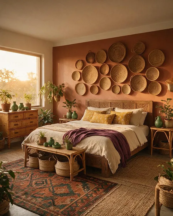 A warm bohemian guest bedroom with a carved wood bed, cream bedding, mustard pillows, and a purple throw. The terracotta accent wall is decorated with an arrangement of woven baskets, while rattan tables, jute rugs, potted plants, and a wooden dresser create a relaxed, natural atmosphere.
