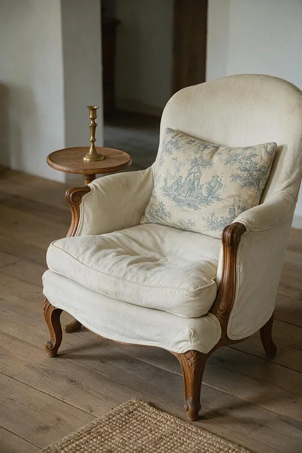 A cozy French Country corner features a cream upholstered bergère chair with carved wood arms and cabriole legs, paired with a toile-style decorative pillow. Beside it sits a small round wooden side table with a brass candlestick, all placed on weathered wide-plank wood floors against softly painted walls.