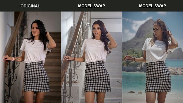 The image displays three side-by-side comparisons of a model in a plaid skirt, showcasing the original photo and two variations with a model swap feature.