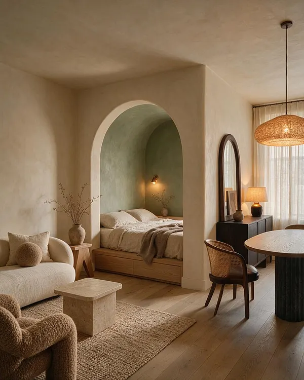 A studio apartment styled in organic modern design features a cream sofa, textured beige rug, and a small stone coffee table in the foreground. An arched alcove with a soft green accent wall contains a low bed with linen bedding, while a cane-back chair, dark console, woven pendant light, and sheer curtains add warmth and texture.