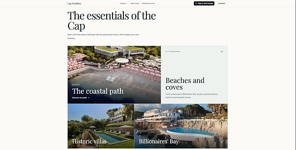Website homepage design concept for Cap d'Antibes featuring a full-screen image of the beach and text overlays describing luxury apartments and villas.