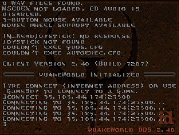 The image displays a DOS interface running QuakeWorld with connection attempts to various IP addresses.