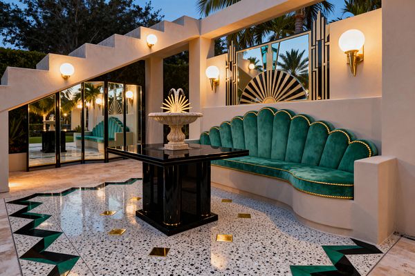 A glamorous Art Deco patio at dusk features a curved built-in banquette upholstered in emerald velvet with a scalloped shell back and gold piping. A glossy black pedestal table supports a small carved stone fountain. The floor is white terrazzo with brass square inlays and a green-and-black zigzag border. Fan-motif mirrors and globe brass sconces line cream stucco walls and a stepped pergola, while black-framed glass doors reflect palm trees beyond.