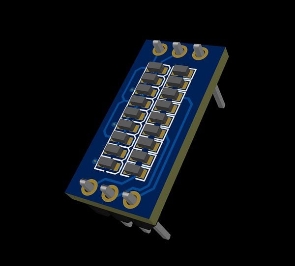 A 3D rendering of a LED breakout board designed for nine LEDs with associated resistors.