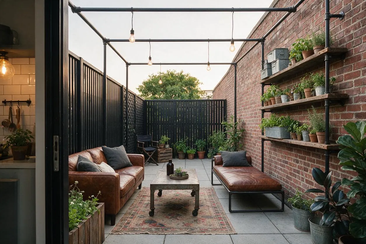 A narrow industrial-style backyard lounge with exposed red brick walls, black metal fencing, and overhead pipe frames strung with bare bulbs. Leather seating, a worn rug, potted plants, and wood shelves create a warm, urban outdoor retreat.