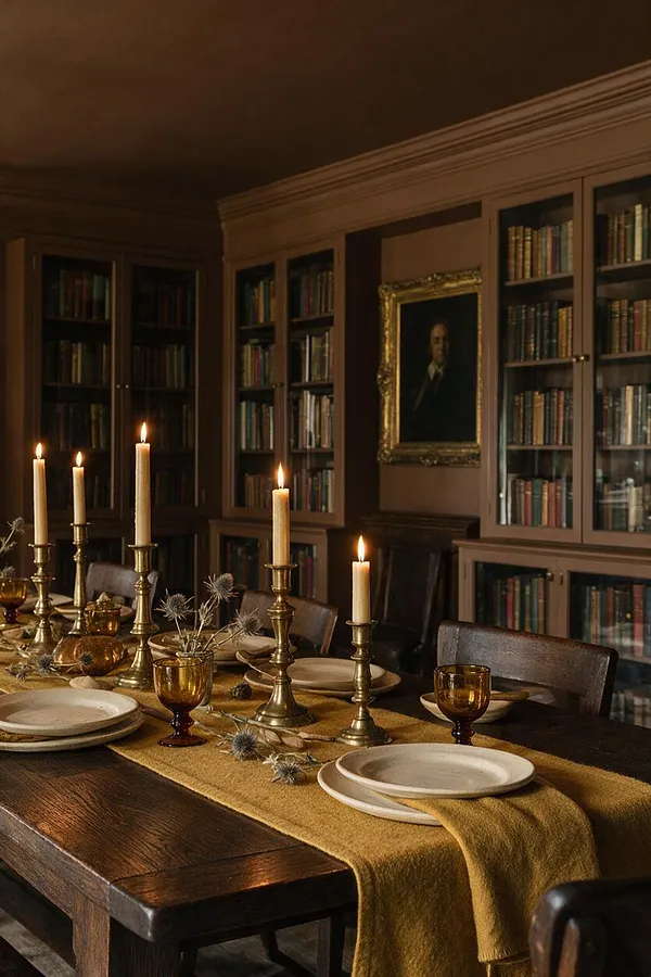 A moody dining room styled in Dark Academia with tall brass candlesticks, cream taper candles, amber goblets, and stacked stoneware plates on a dark wooden table. Built-in bookcases filled with books line the back wall, and a gold-framed portrait adds an old-world scholarly atmosphere.