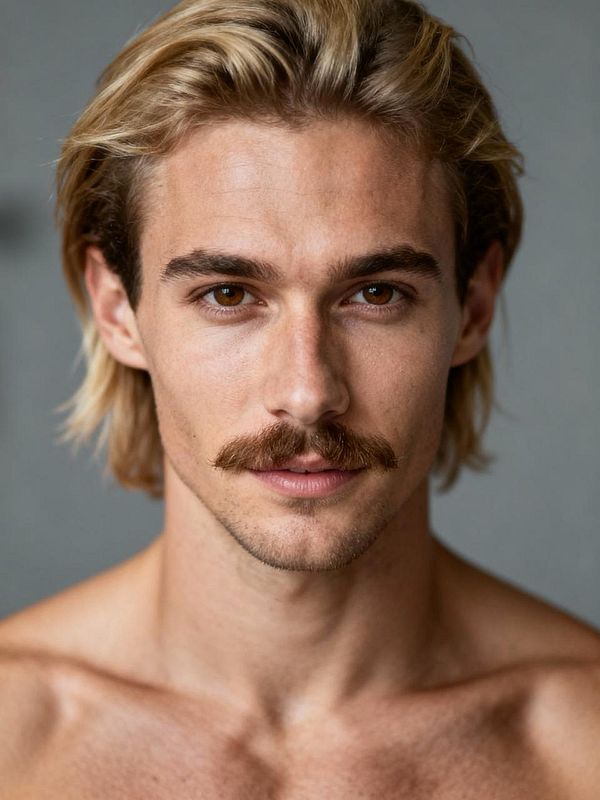 A close-up portrait of a young man with long blonde hair and a mustache.