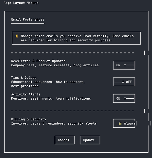 Screenshot of an Email Preferences editing page showing different subscription options and associated settings in a content management interface.
