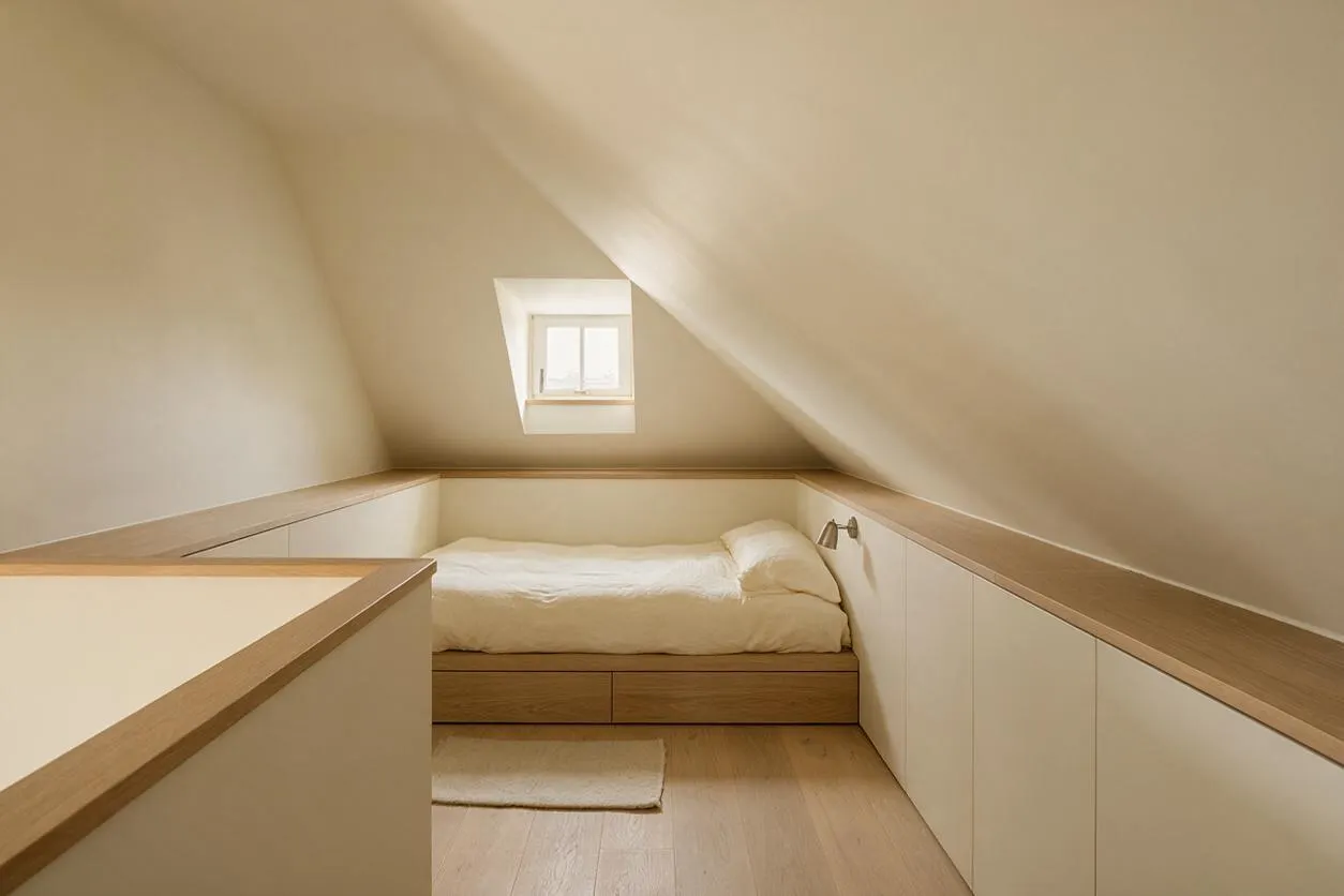 A small attic guest bedroom with sloped ceilings, featuring a low bed centered under a tiny window. The space uses built-in storage with white cabinet fronts, light wood trim, and pale wood flooring, creating a calm minimalist look.