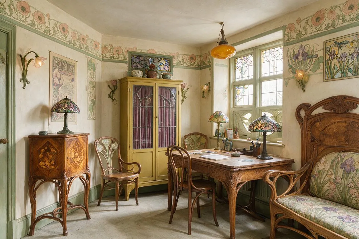 A cozy Art Nouveau home office with hand-painted floral wall borders, stained-glass accents, and curved wood furniture. The room includes a carved desk, a yellow cabinet with purple curtains, a wooden chair and settee, and warm amber lighting near a window.