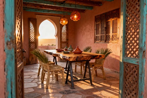 A Moroccan dining terrace at sunset features a live-edge wood table on black metal trestles with woven palm chairs holding fan fronds. Terracotta plaster walls, carved wooden shutters, and distressed turquoise lattice doors frame a keyhole arch to the horizon; amber glass pendants hang from exposed beams and reed slats above irregular stone flagstones, while earthenware tagines and bowls decorate the tabletop in warm golden light.