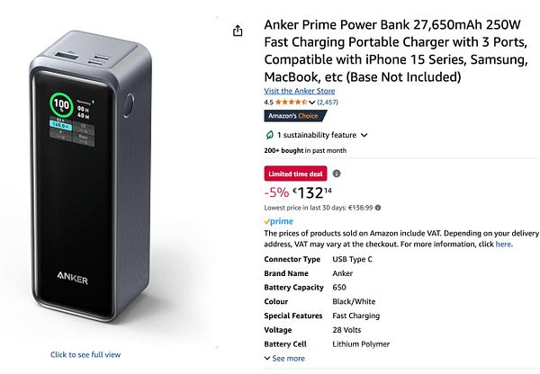 The image displays an Anker Prime Power Bank with specifications and pricing details.