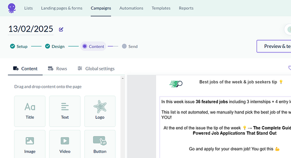 The image displays a user interface for creating a weekly newsletter focused on job listings.