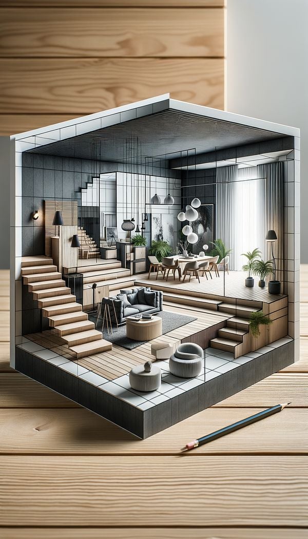 An interior design layout showcasing the effective use of perspective, with furniture placed to create an illusion of depth.