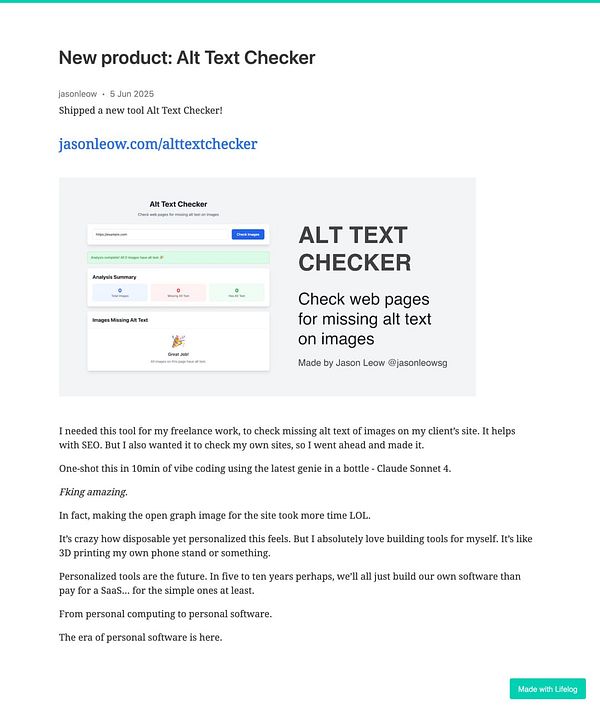 The image displays a promotional post for a new tool called 'Alt Text Checker' designed to identify missing alt text on images in web pages.