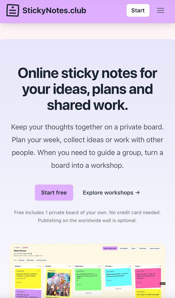 Screenshot of the Stickynotes website homepage with updated inclusive frontpage copy aimed at all users, featuring colorful sticky notes and navigation menu.